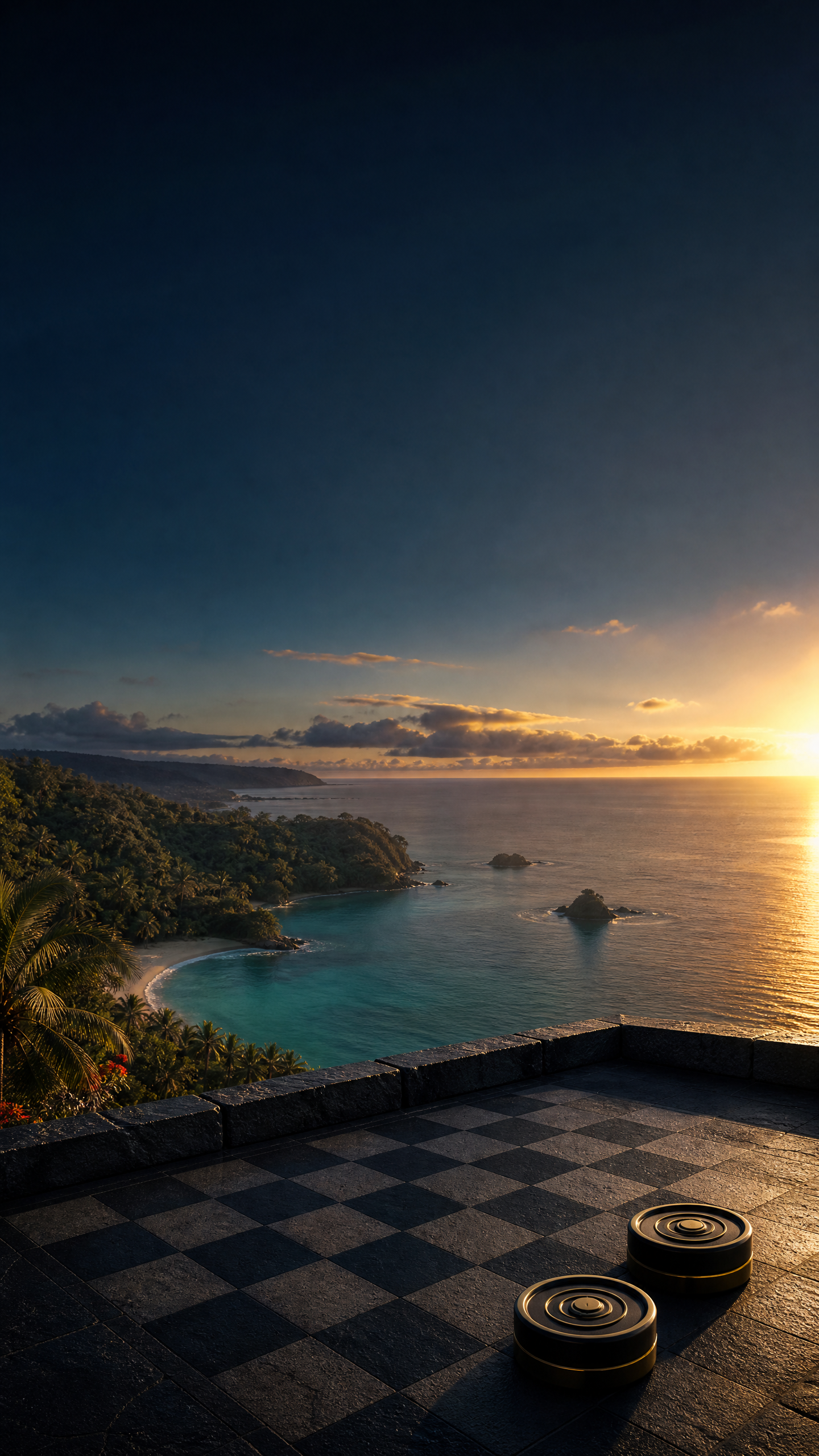 Tobago coastline framed by draughts pieces at sunset